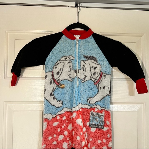 Vintage Dr Denton Disney 101 Dalmatians Fleece Footie Pajamas 4T Black Blue Red - Picture 3 of 7